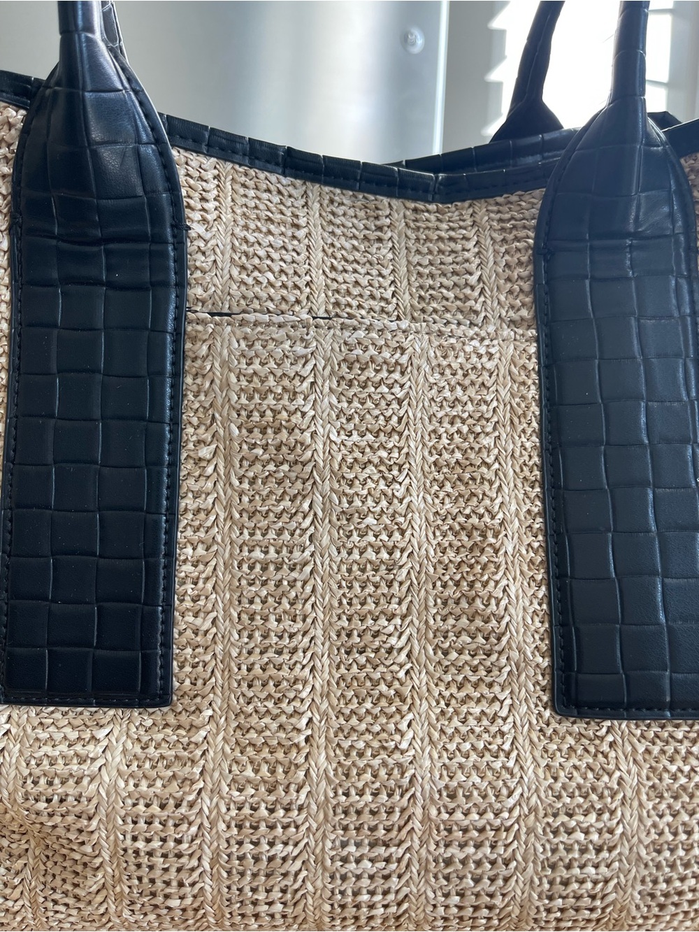 DKNY Natural Woven Tote with Black Leather-Trim Handles